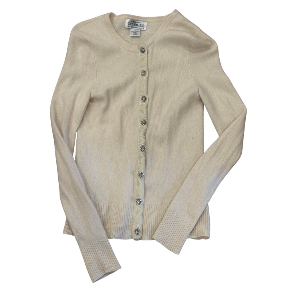 Bloomingdale’s 100% Cashmere Cardigan Ivory Jeweled Buttons Slim Fit Size M